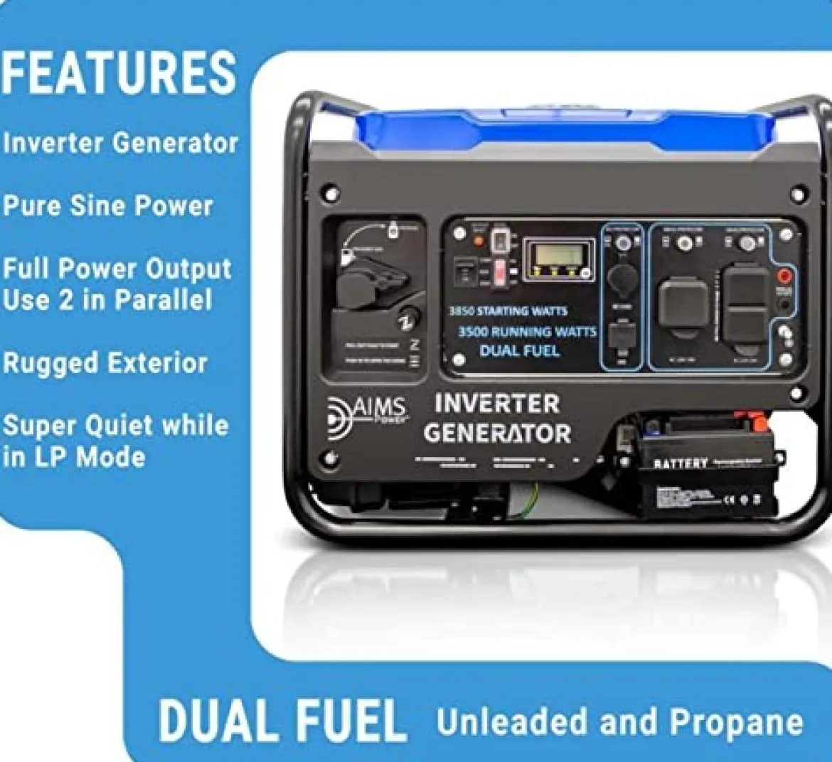 AIMS Power Dual Fuel Inverter Generator Clean Pure Power (GEN3850W120VD)
