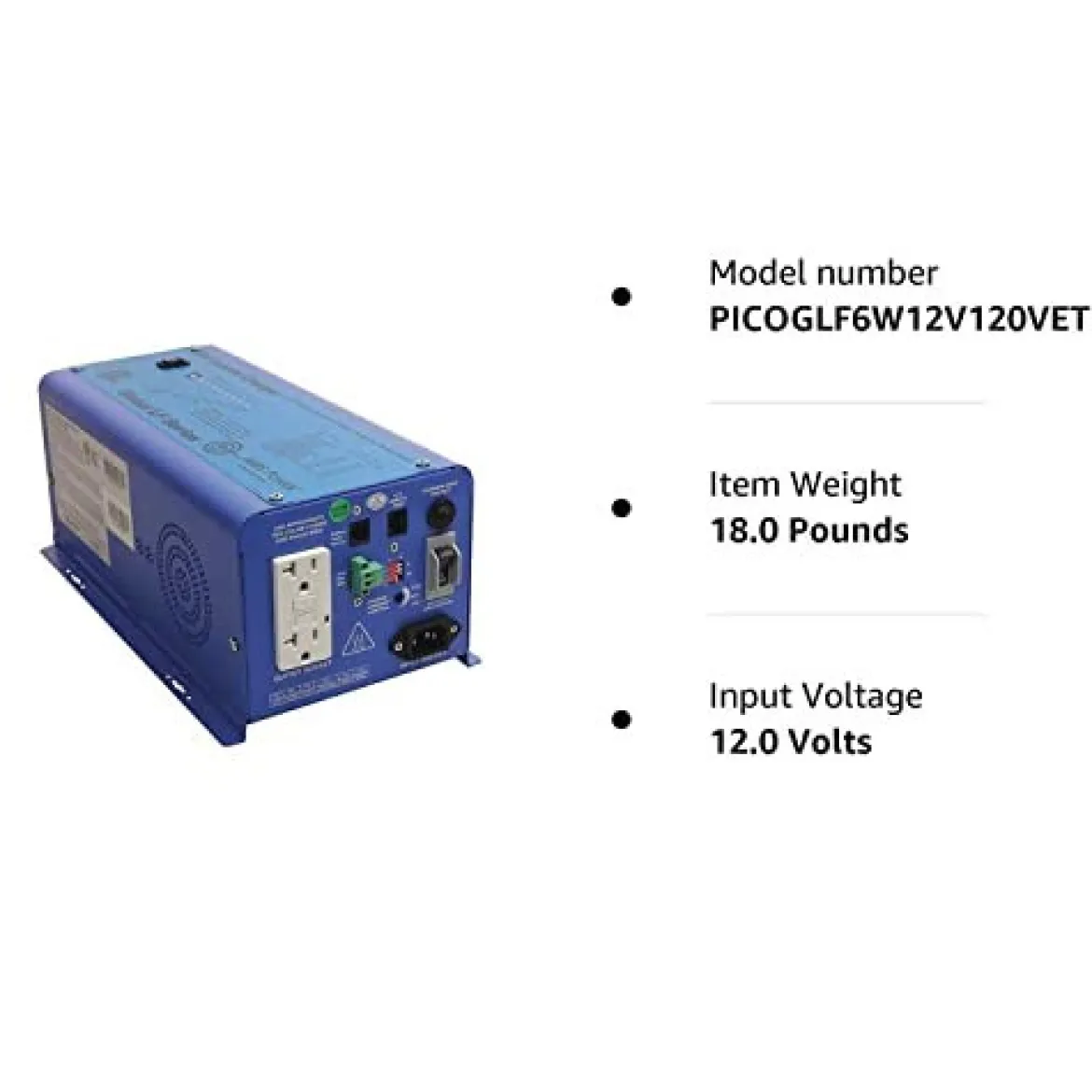 AIMS Power 600W Pure Sine Inverter Charger 12V to 120V (PICOGLF6W12V120VETL)