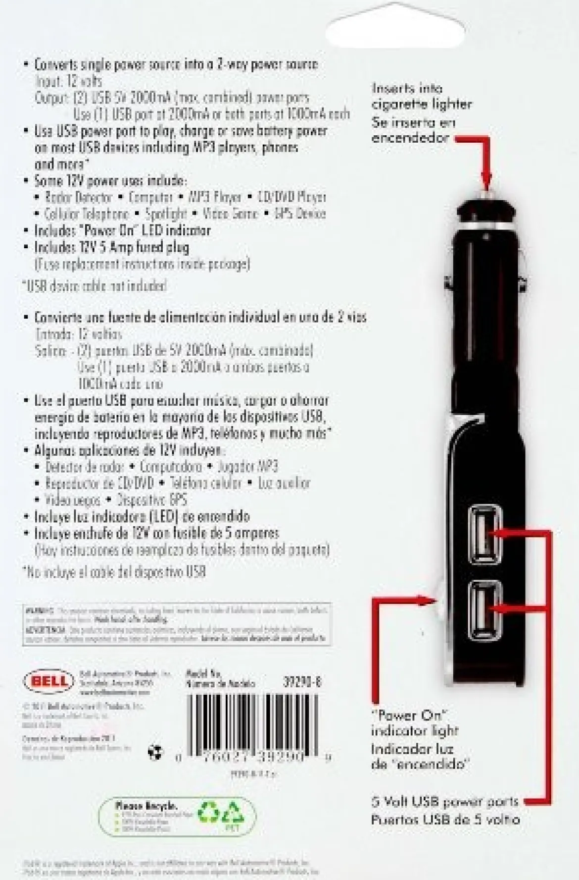 Bell Automotive 12V 2 AMP Dual USB Power Hub (22-1-39290-8)