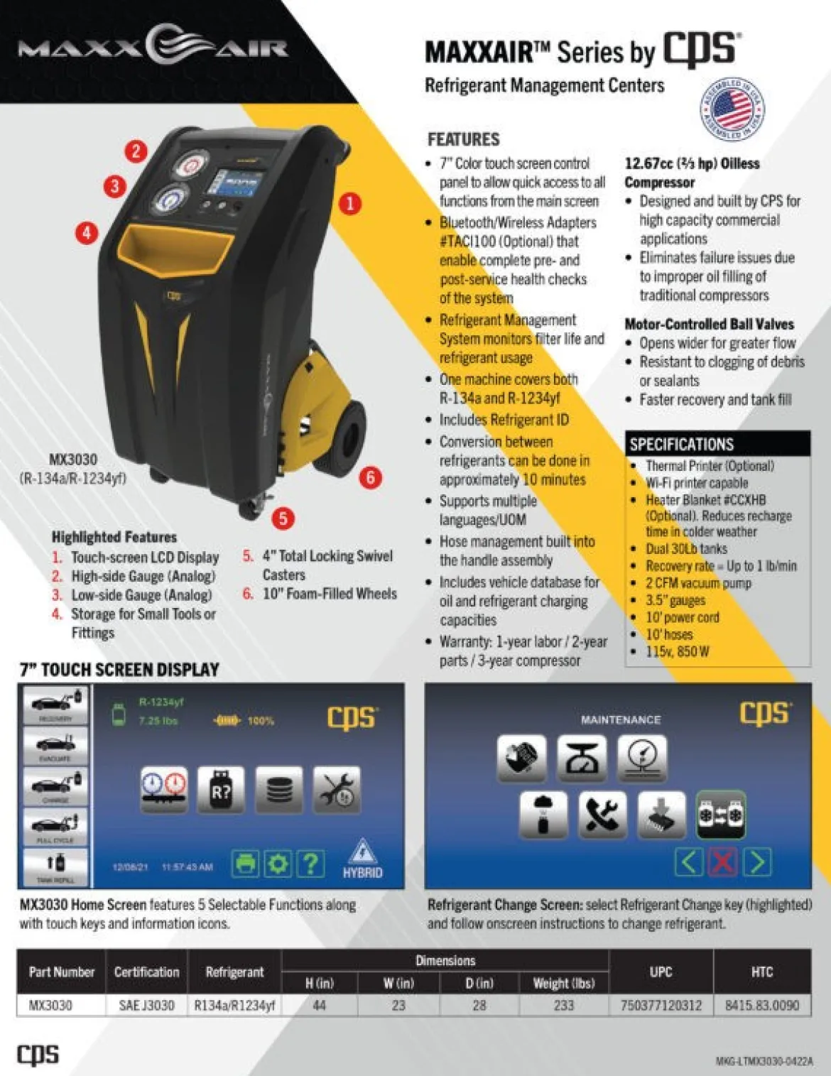 CPS Products MAXXAIR MSX Series R-134a/R-1234yf RRR Management Center (MSX3030)