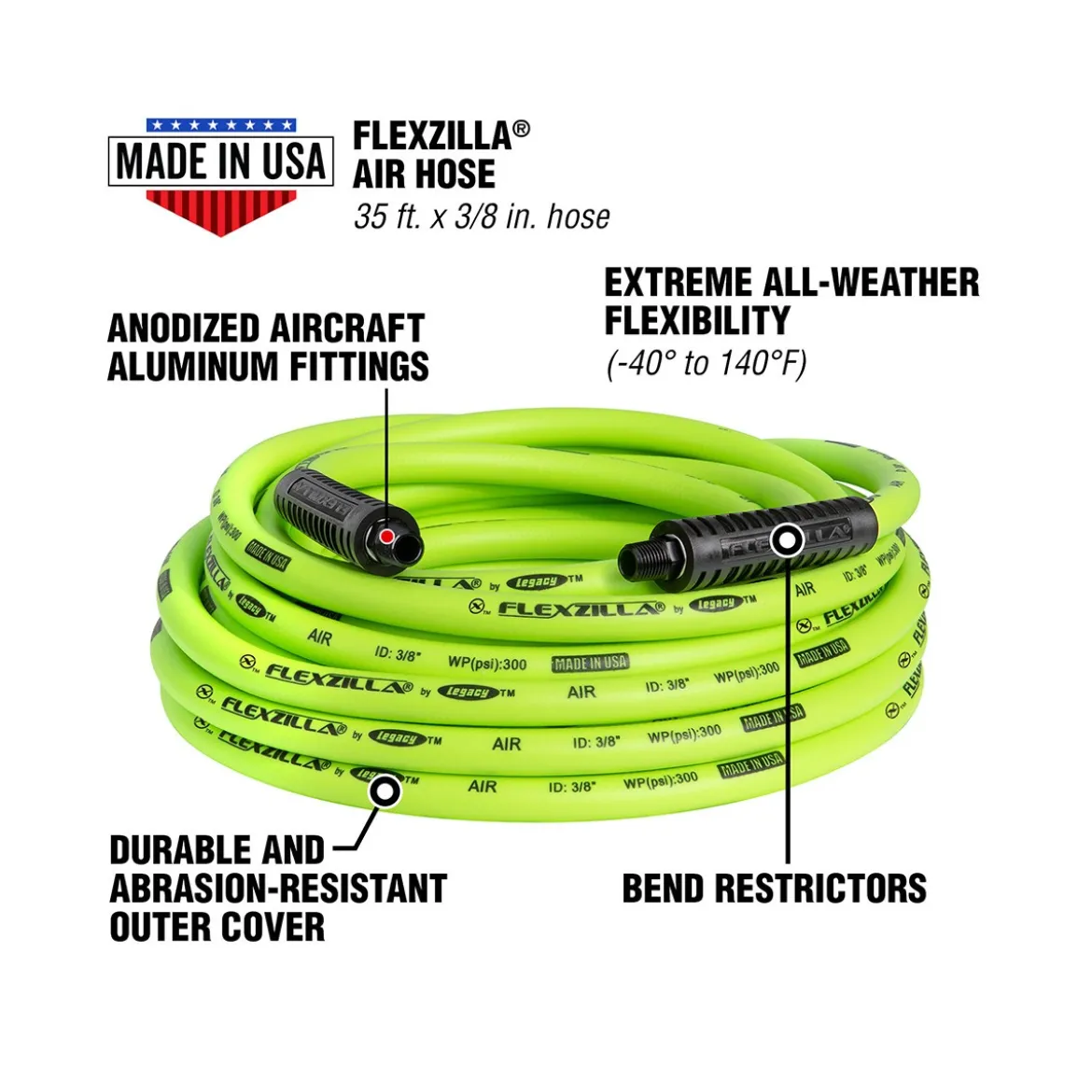 Flexzilla Air Hose 3/8 in. x 35 ft. 1/4 in. MNPT (HFZ3835YW2)