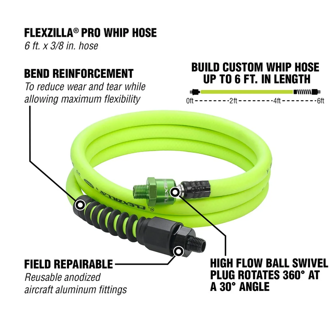 Flexzilla Custom Length Whip Hose with High Flow Ball Swivel (HFZP3806YW2B)
