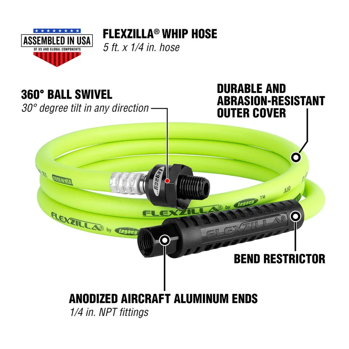 Flexzilla ZillaWhip 1/4" x 5' Ball Swivel Whip Hose (HFZ1405YW2B)