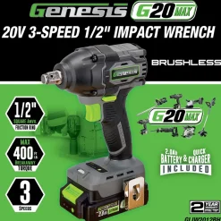 Genesis G20MAX 20V Brushless 3-Speed 1/2" Impact Wrench with 2.0Ah Battery and Quick Charger (GLIW2012BH)