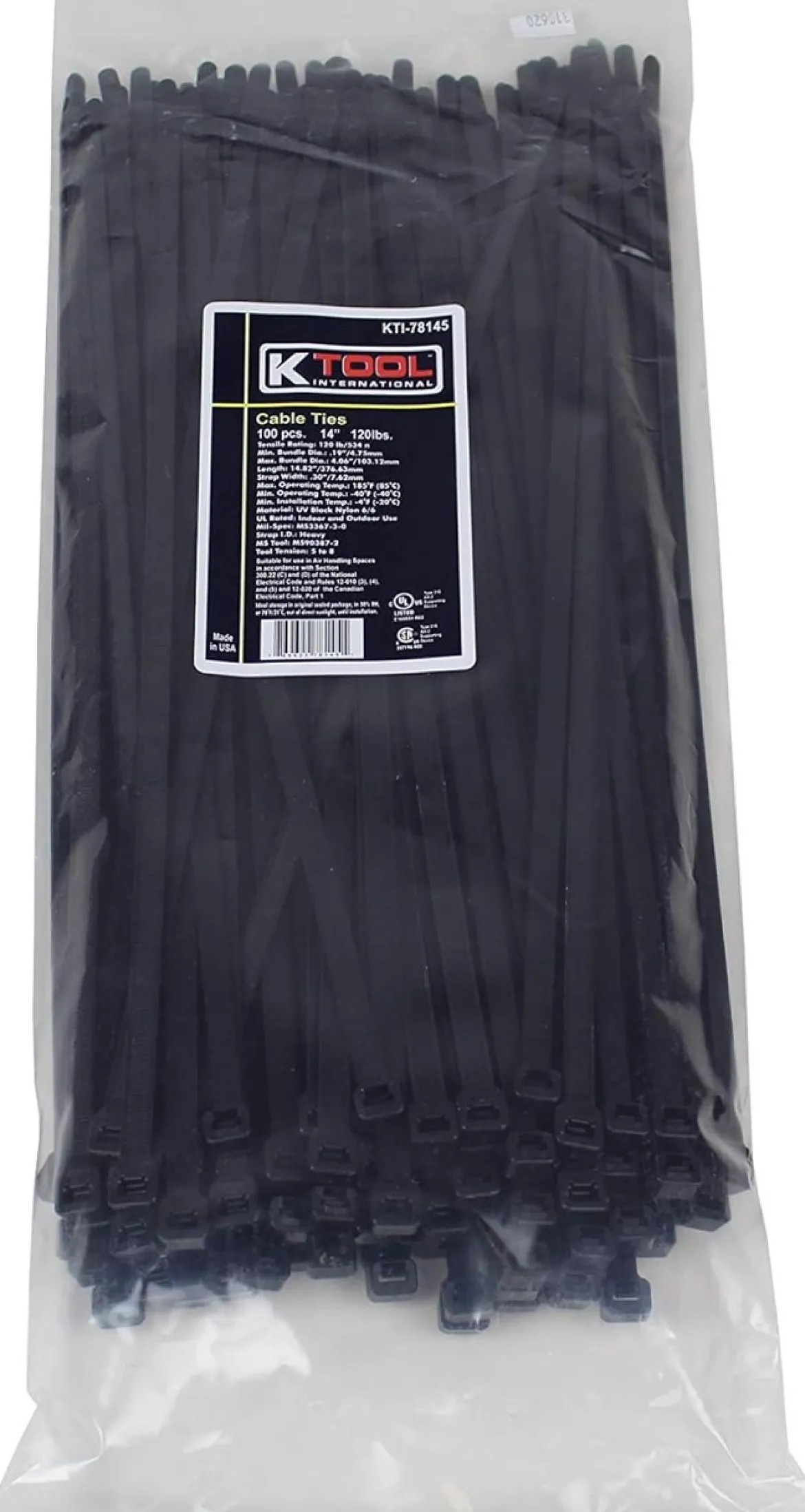 K Tool 14" Black Cable Ties 120 lb Tensile Strength 100-Pack (78145-3)