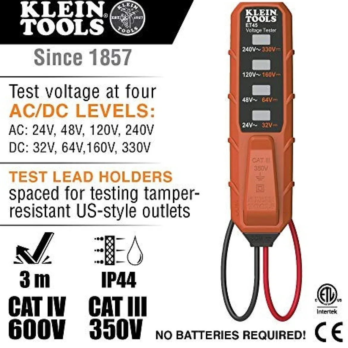 Klein Tools ET45 Voltage Tester, AC Voltage and DC Voltage Tester, Low V Tester
