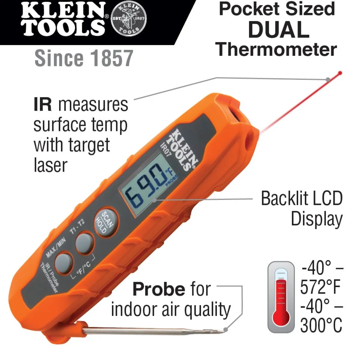Klein Tools IR07 Dual Infrared (IR) & Probe Pocket Size LCD Digital Thermometer