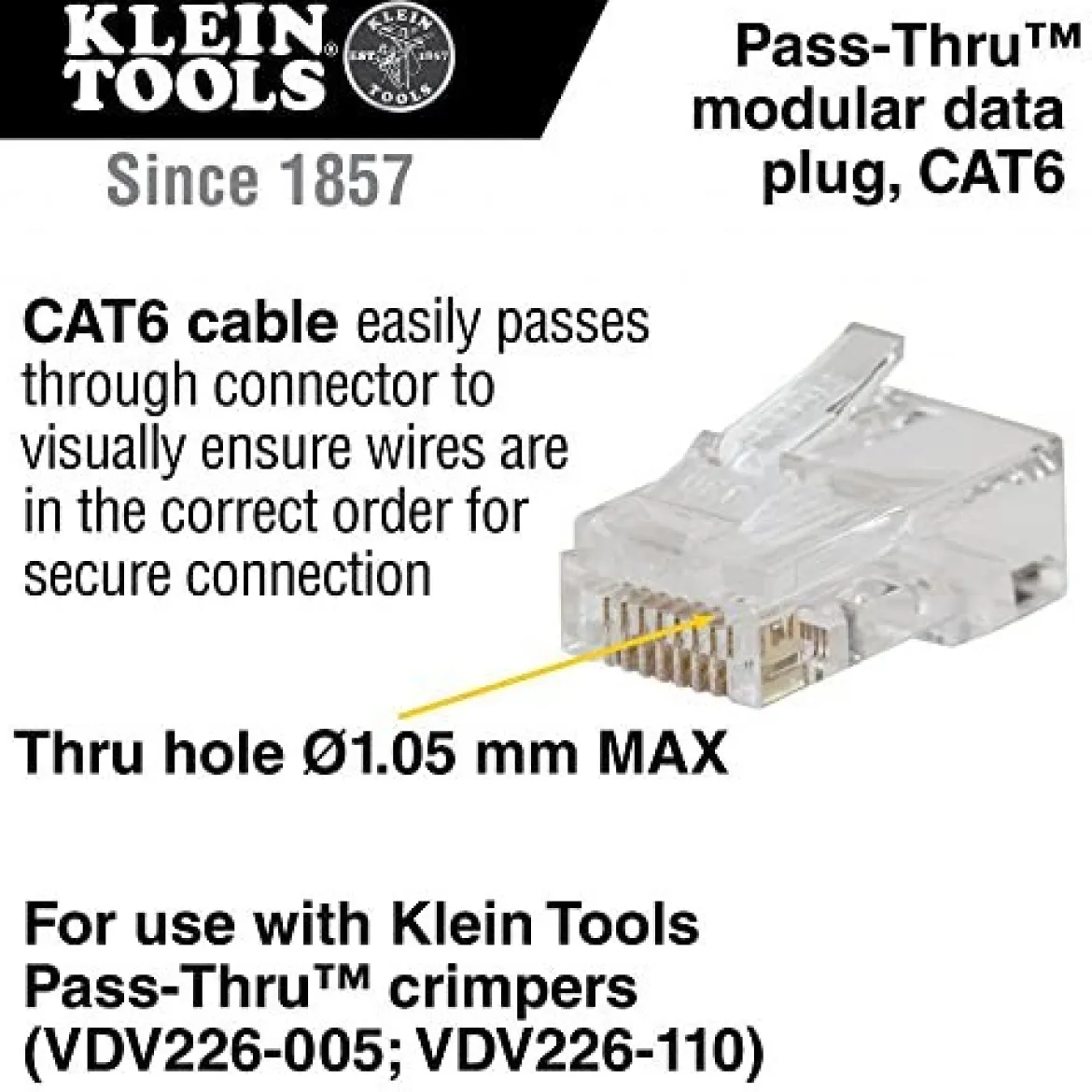 Klein Tools VDV826-729 Pass-Thru Modular Data Plug, RJ45 CAT6, Connectors