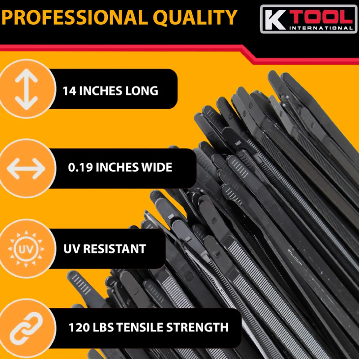 K-Tool Cable Zip Ties Black 14" 120 lb Strength, 100-Pack (78145)