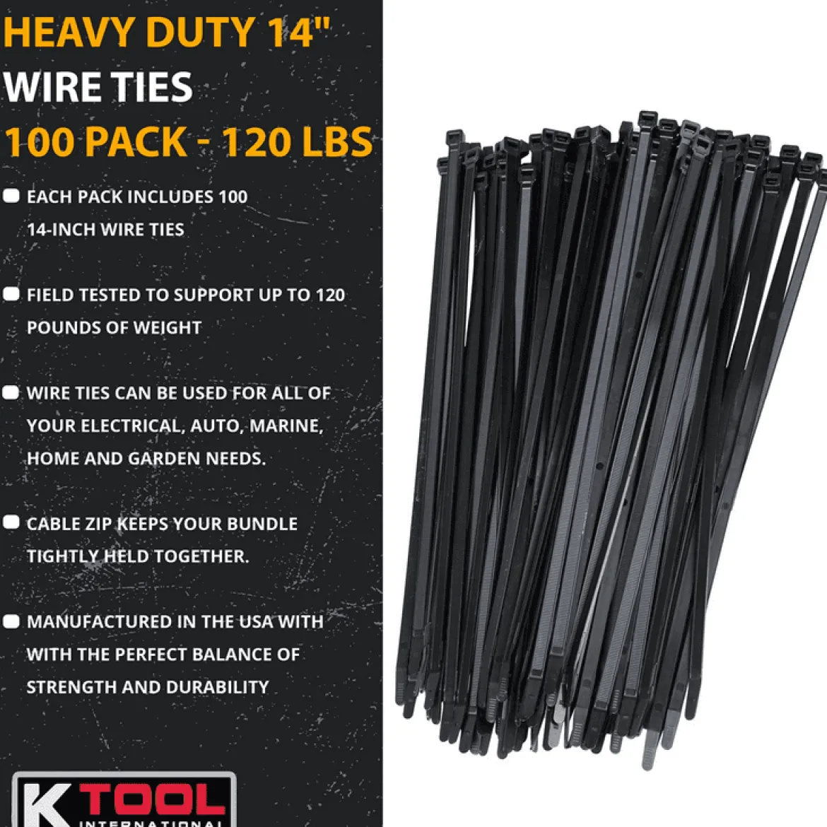 K-Tool Cable Zip Ties Black 14" 120 lb Strength, 100-Pack (78145)