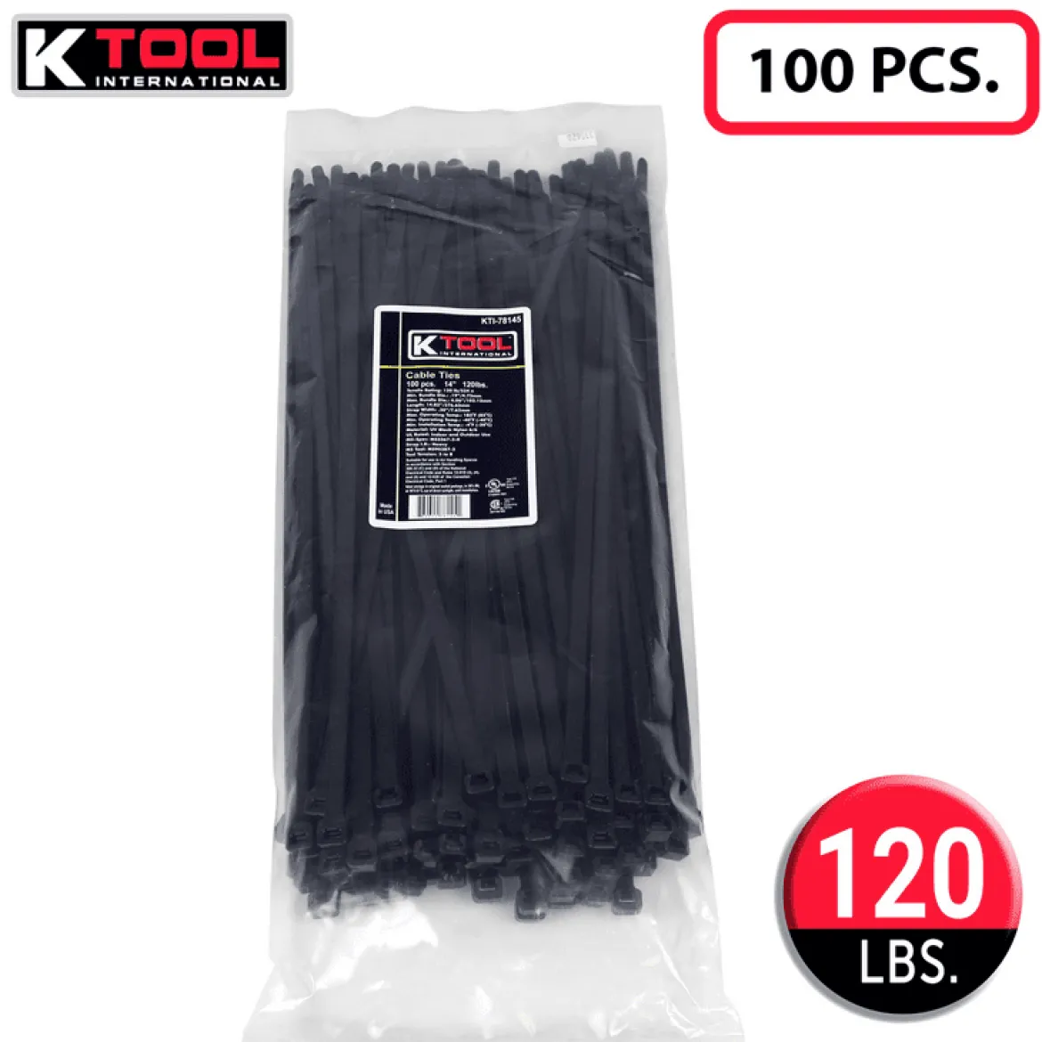 K-Tool Cable Zip Ties Black 14" 120 lb Strength, 100-Pack (78145)