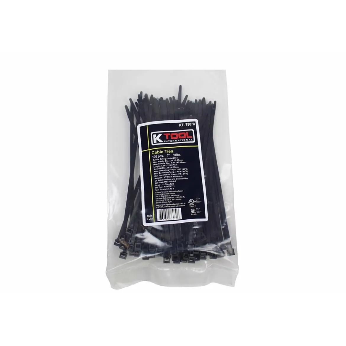 K-Tool Cable Zip Ties Black 7" 50 lb Tensile 100-Pack (78140‑3)