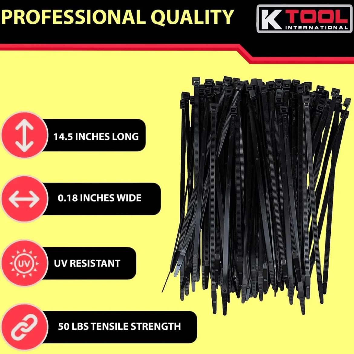 K-Tool Cable Zip Ties Black 7" 50 lb Tensile 100-Pack (78140‑3)