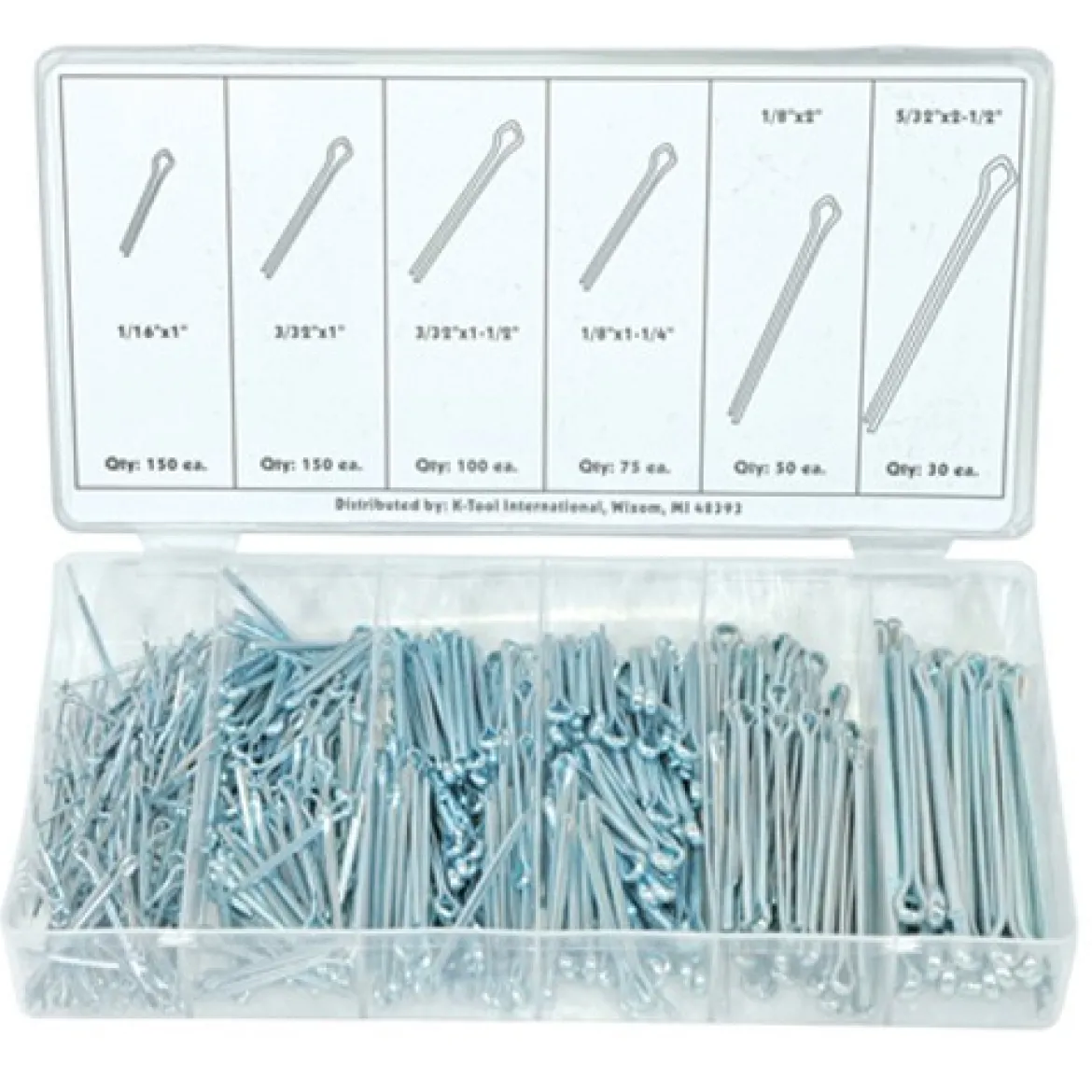 K-Tool Cotter Pin Assortment, 555 Pc, 1/16"–5/32" x 1–2½" (00075)