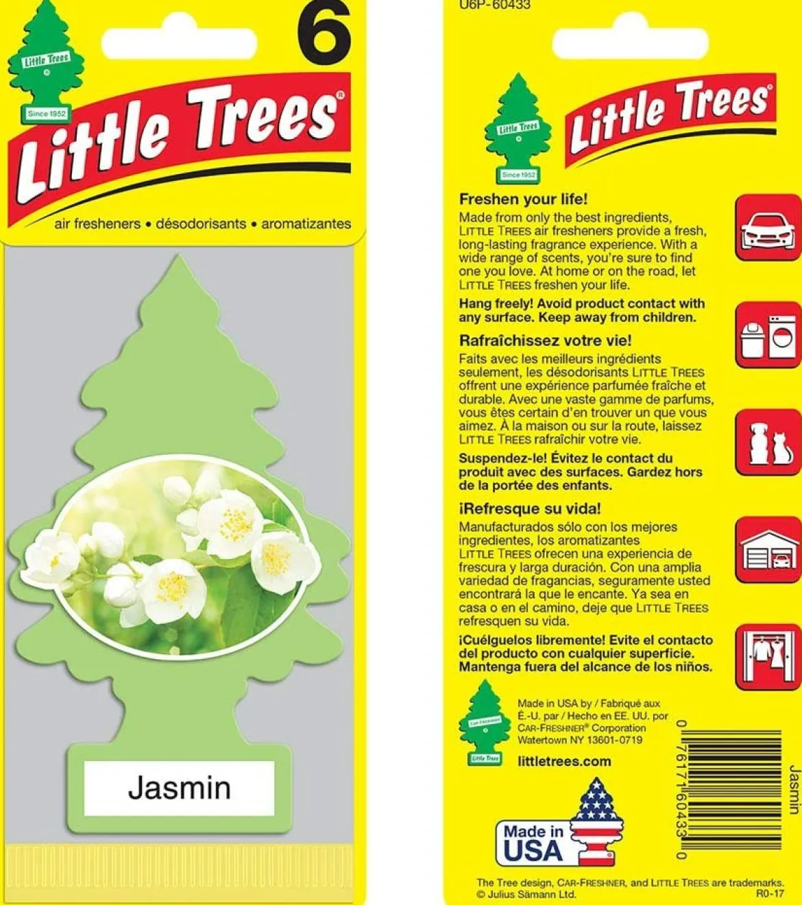 Little Trees U6P-60433 Air Car Freshener Traditional Jasmin, 6-Pack