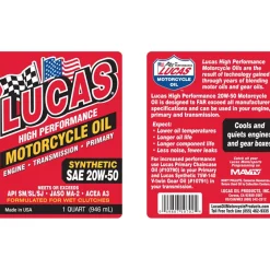 Lucas Oil 10702 SAE 20W-50 Synthetic Motorcycle Oil - 1 Qt.