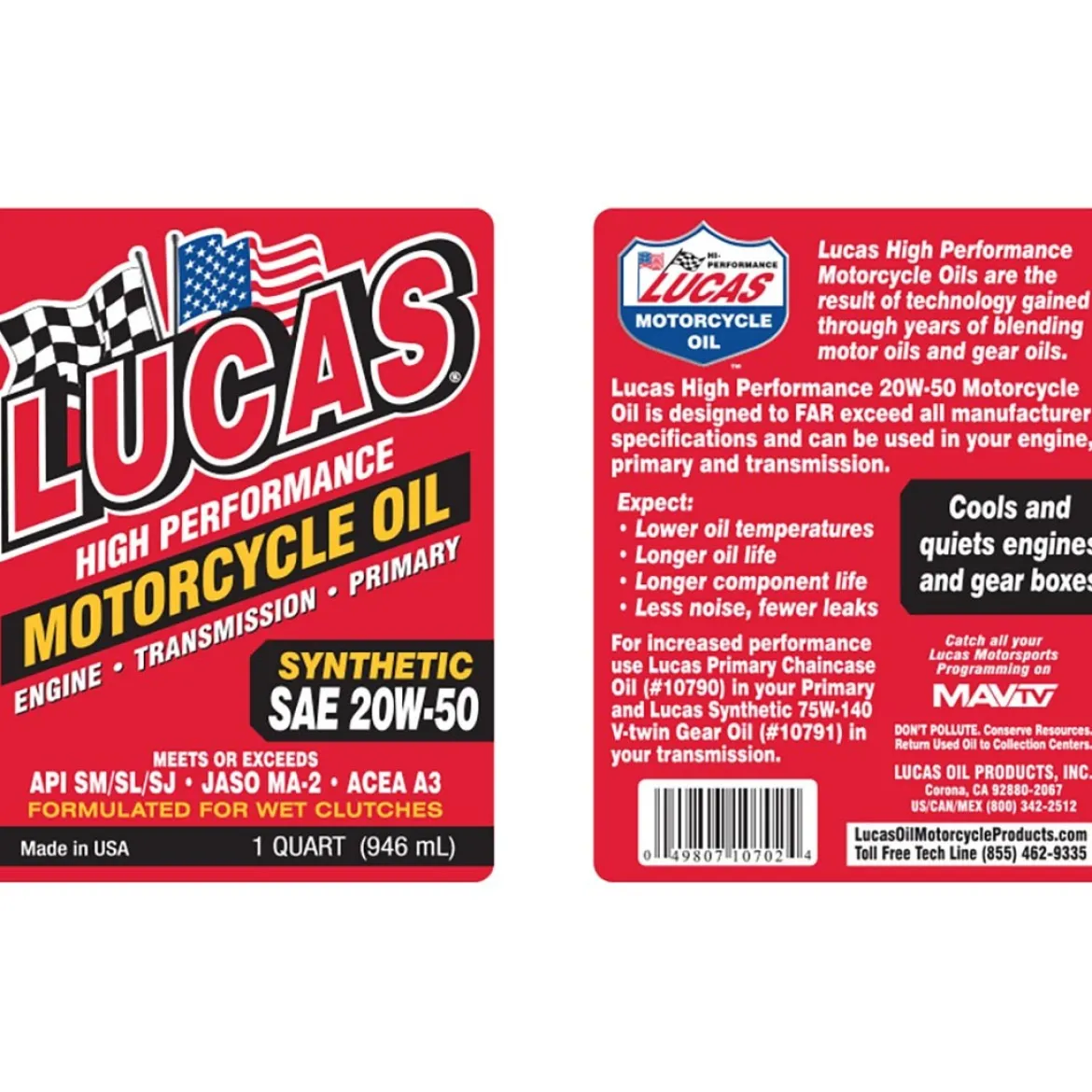 Lucas Oil 10702 SAE 20W-50 Synthetic Motorcycle Oil - 1 Qt.
