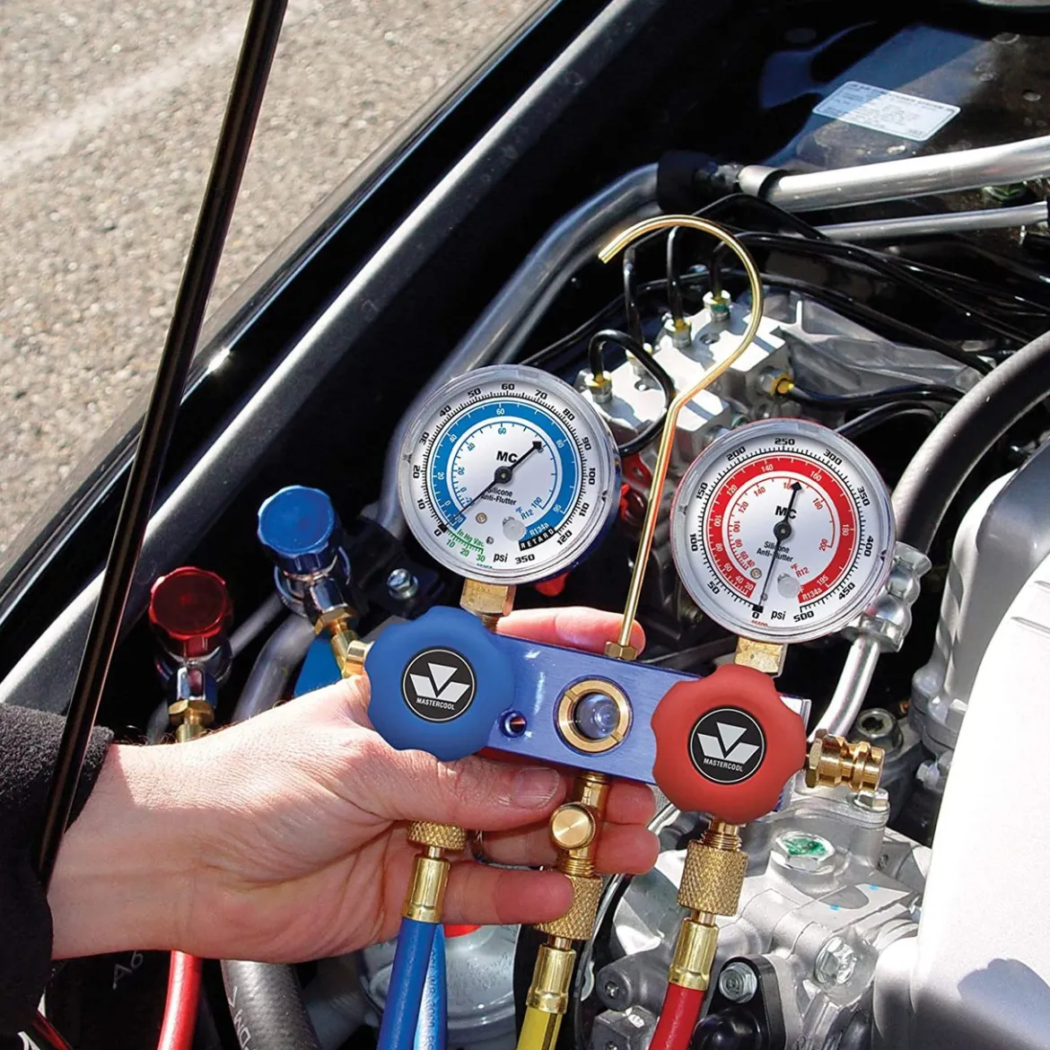 Mastercool 98661-PRO Blue R134a and R12 Dual Manifold Gauge Set with 2 Sets 60" Hoses, Manual Couplers & Tap - USA Made