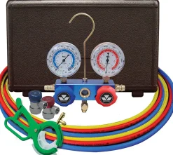 Mastercool 98661-PRO Blue R134a and R12 Dual Manifold Gauge Set with 2 Sets 60" Hoses, Manual Couplers & Tap - USA Made