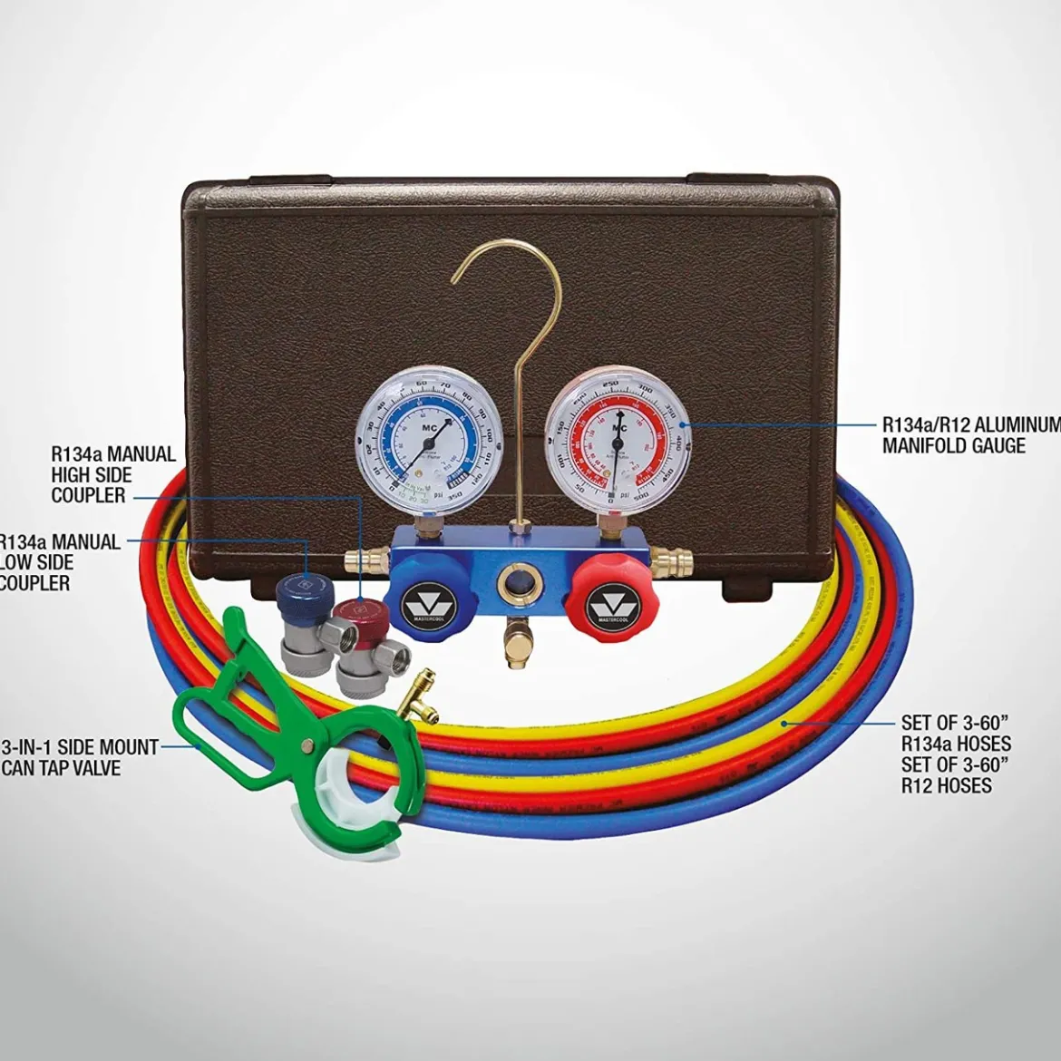 Mastercool 98661-PRO Blue R134a and R12 Dual Manifold Gauge Set with 2 Sets 60" Hoses, Manual Couplers & Tap - USA Made