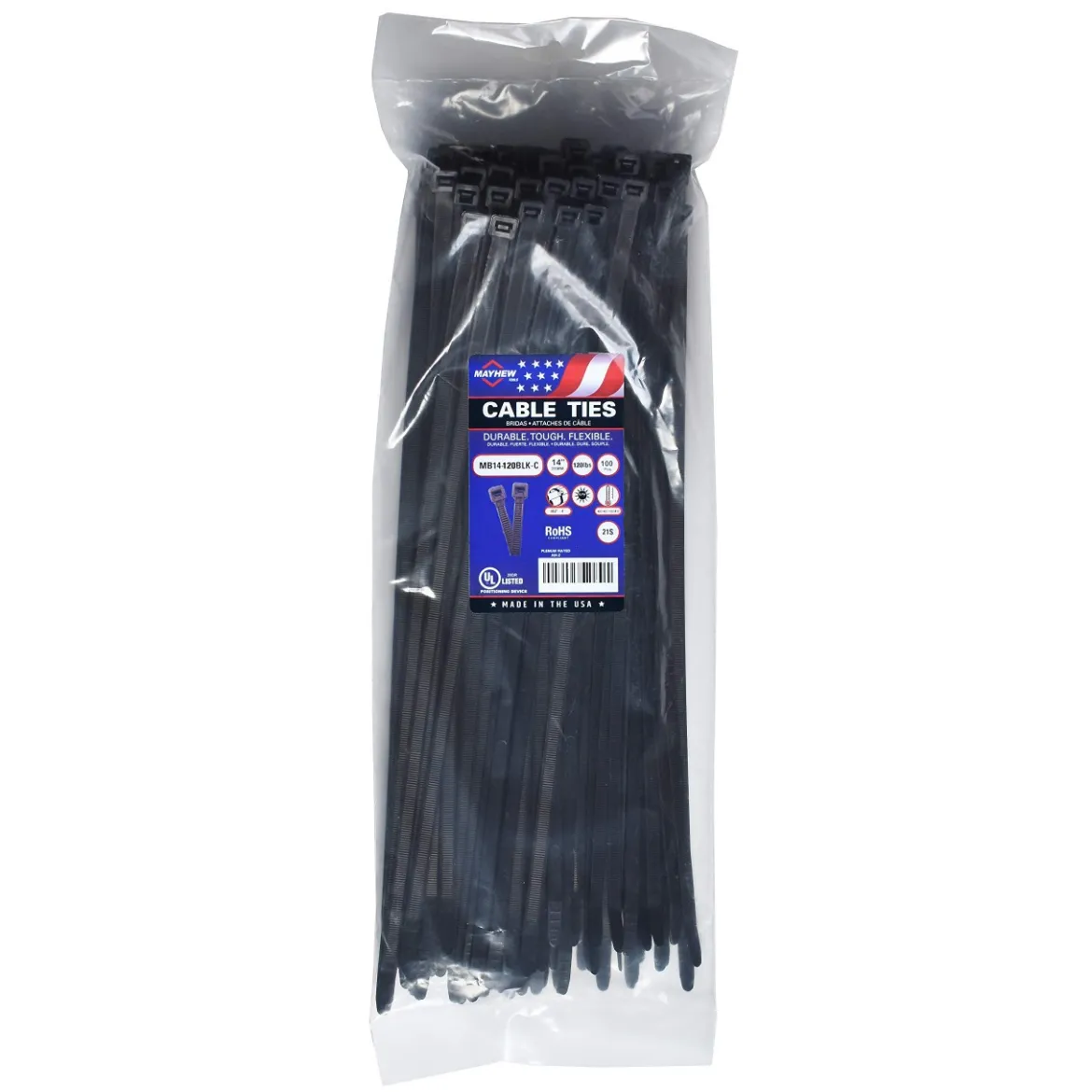 Mayhew 14" 120Lbs Standard Black UV Cable Ties (MB14-120BLK-C)