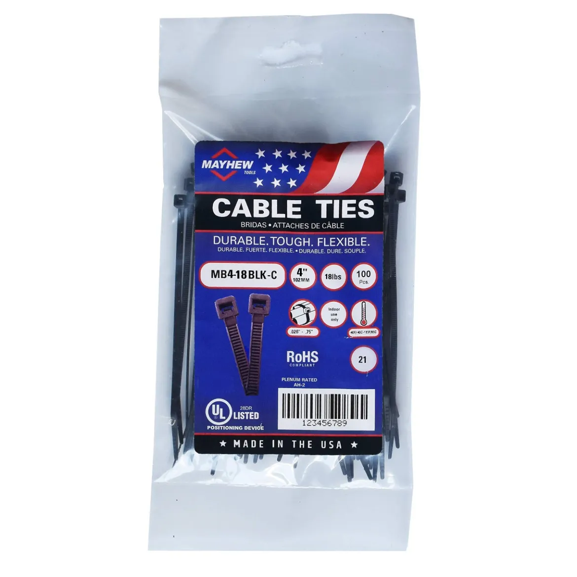 Mayhew 4" Standard Black UV Cable Ties (MB4-18BLK-C)