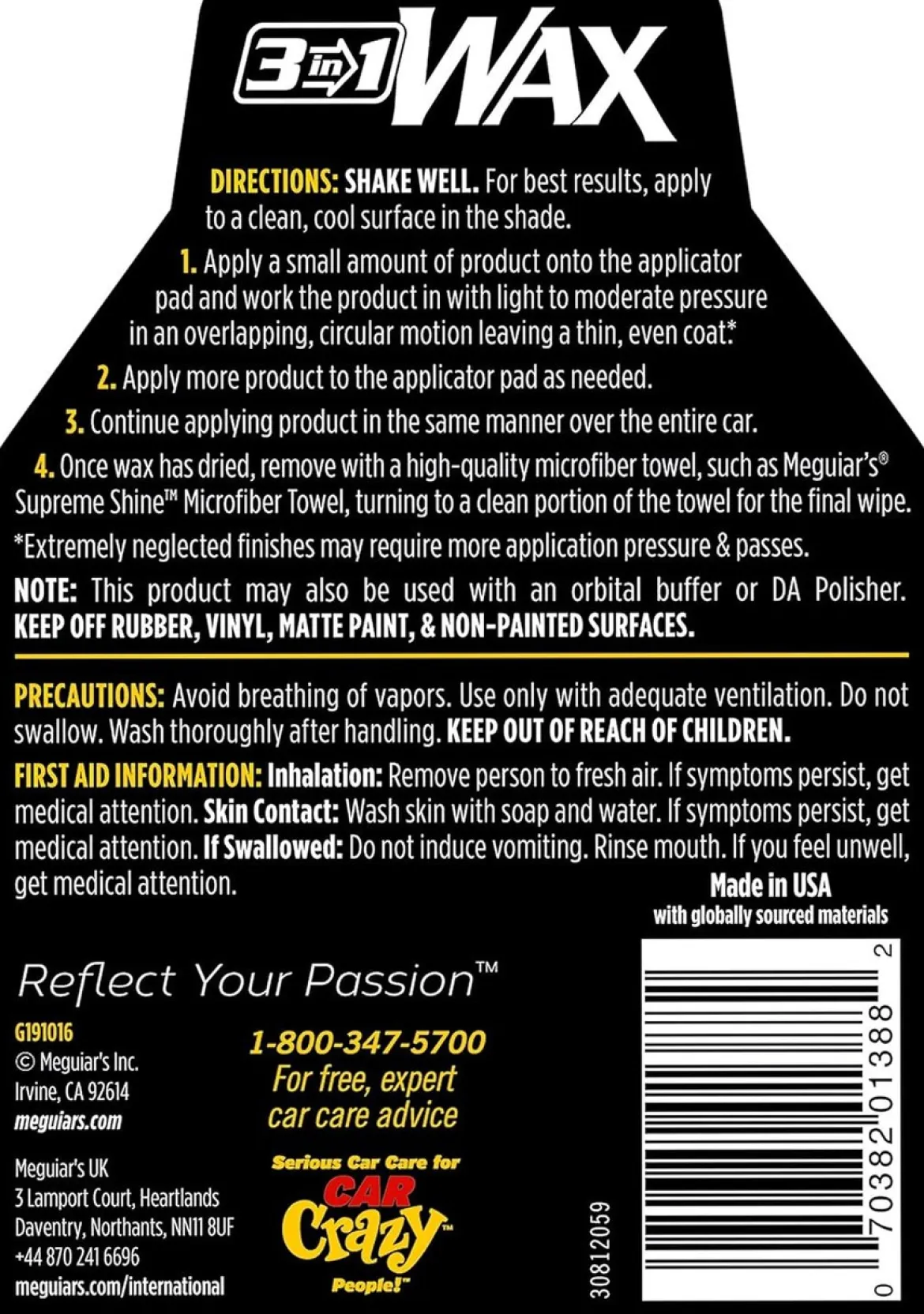 Meguiar's 3-in-1 Wax Cleaner Polish Protectant 16 Oz (G191016)