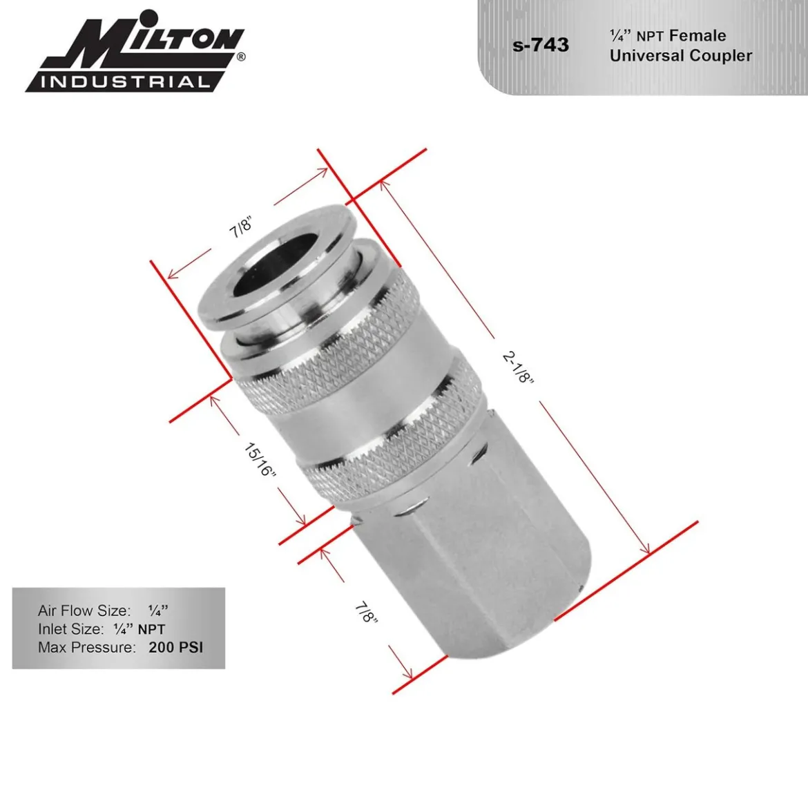 Milton 743 Universal Coupler, 1/4" body; 1/4" FNPT