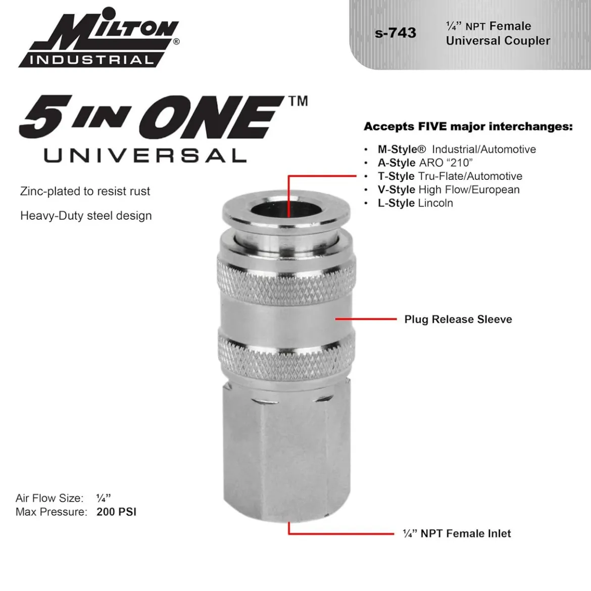 Milton 743 Universal Coupler, 1/4" body; 1/4" FNPT
