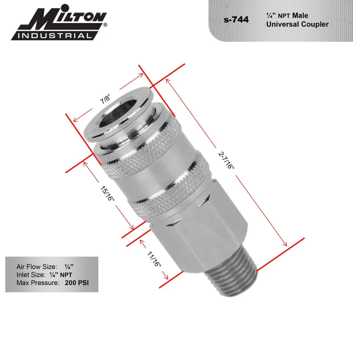 Milton S744 Universal Coupler, 1/4" body; 1/4" MNPT