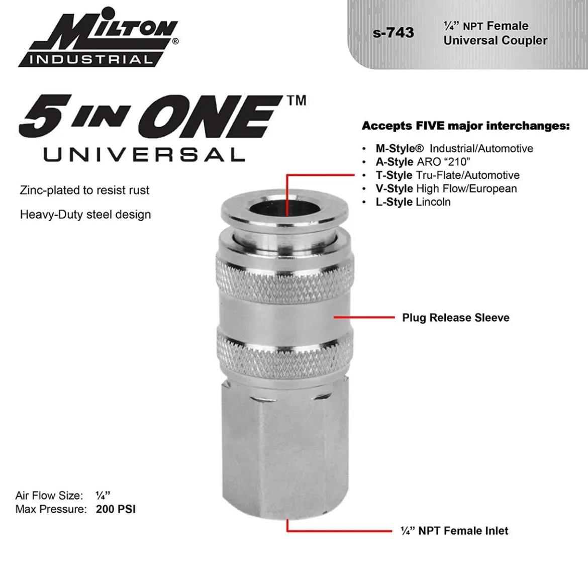 Milton S-743 Universal Quick-Connect Coupler, 1/4" FNPT
