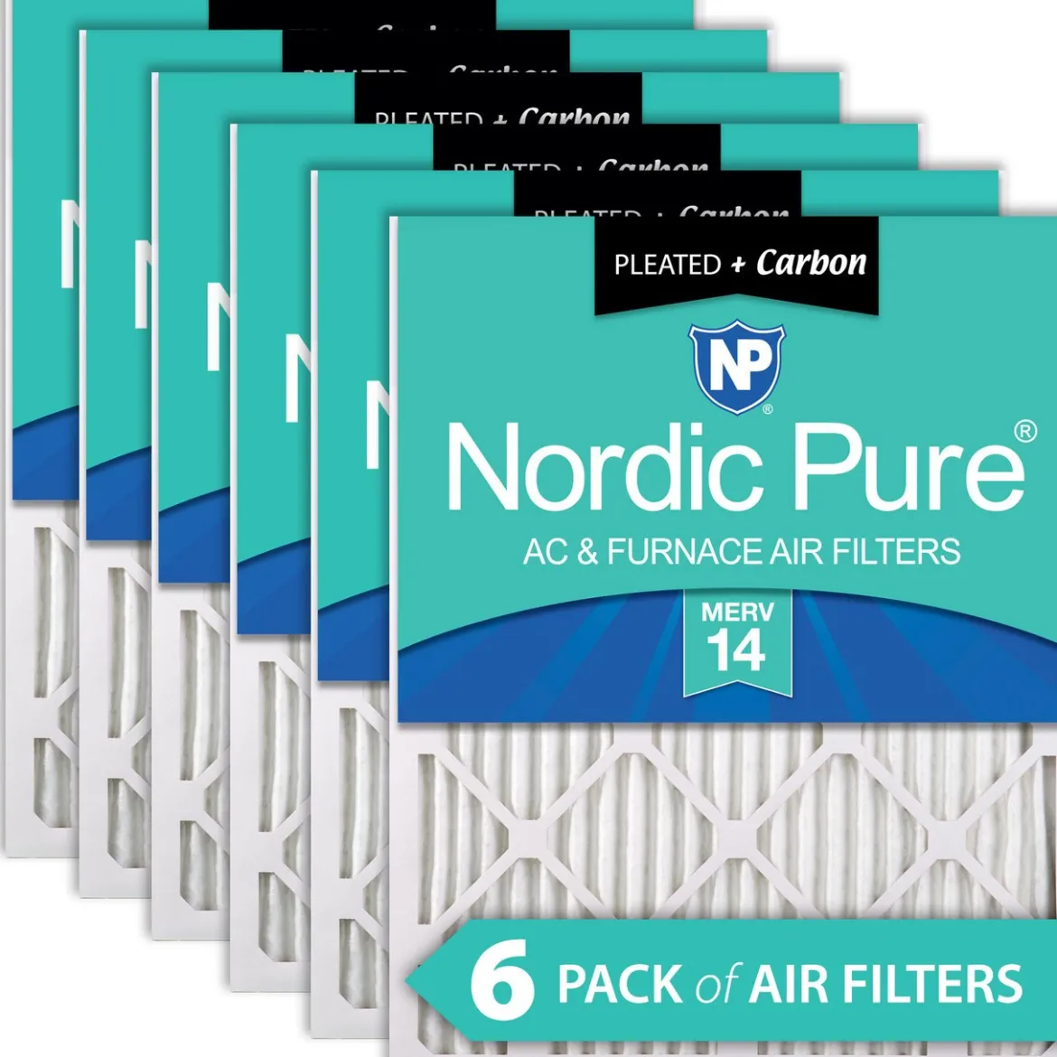 Nordic Pure 24x24x1 (23_3/8x23_3/8) Pleated Air Filters MERV 14 Plus Carbon 6 Pack (24x24x1M14+C-6)