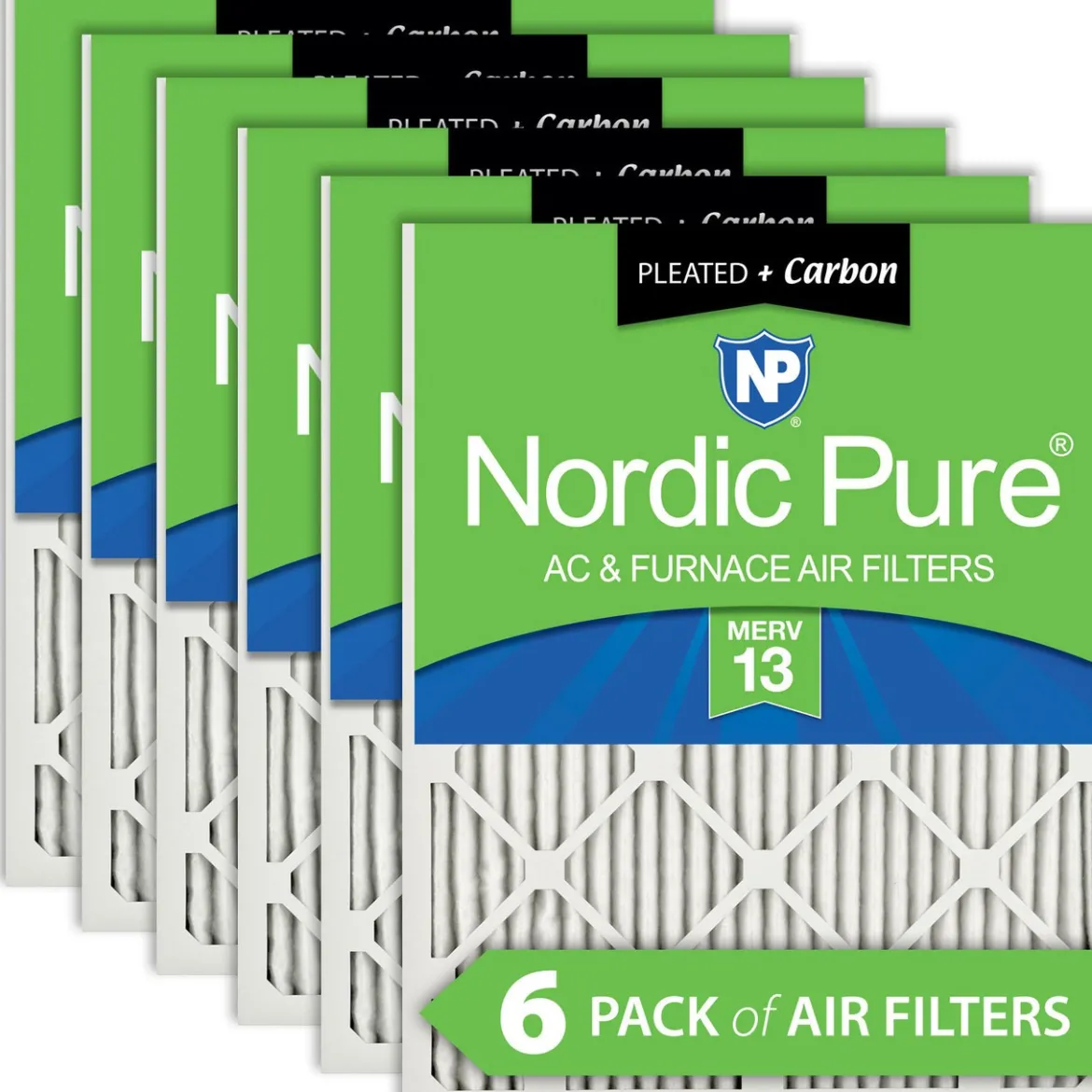 Nordic Pure 25x25x1 (24_1/2x24_1/2) Pleated Air Filters MERV 13 Plus Carbon 6 Pack (25x25x1M13+C-6)