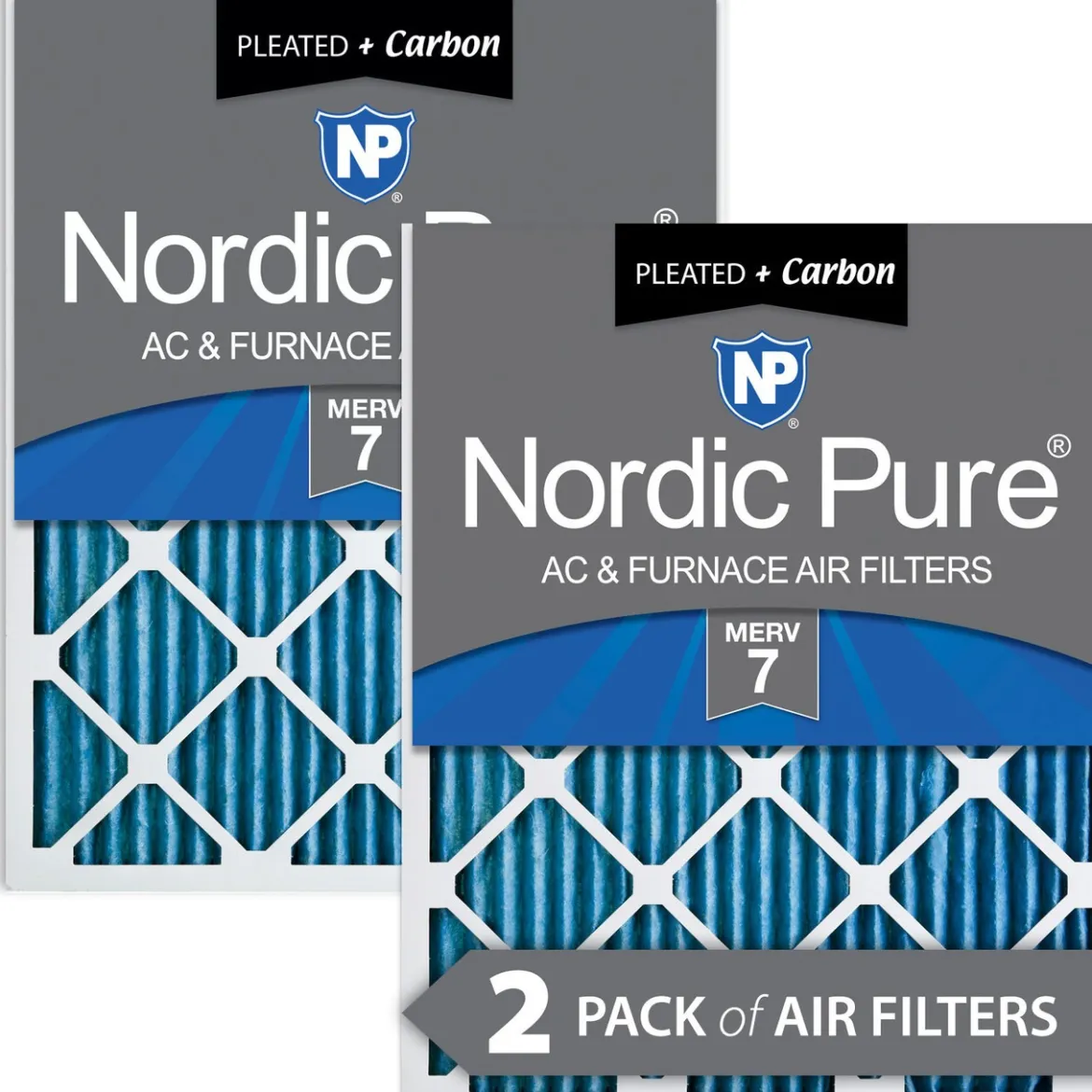 Nordic Pure 24x24x1 (23_3/8x23_3/8) Pleated Air Filters MERV 7 Plus Carbon 2 Pack (24x24x1M7+C-2)