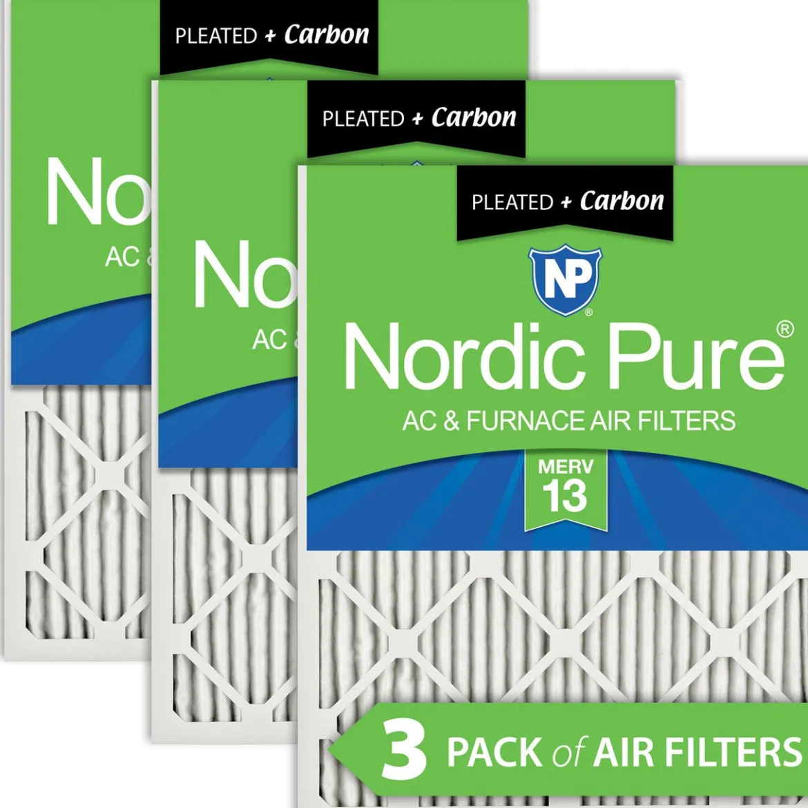 Nordic Pure 24x30x1 Pleated Air Filters MERV 13 Plus Carbon 3 Pack (24x30x1M13+C-3)