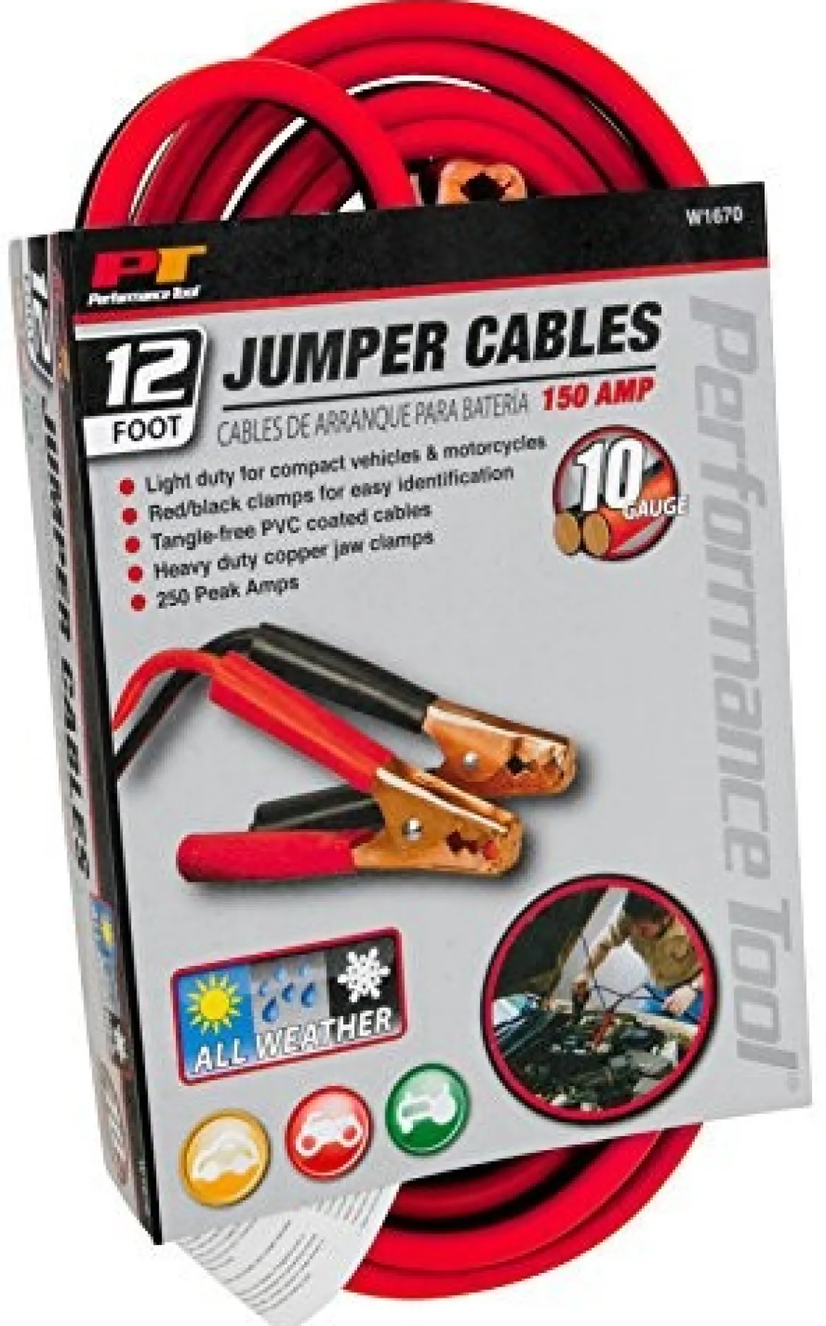 Performance Tool W1670 12' 10-Gauge 150 AMP All Weather Jumper Cables