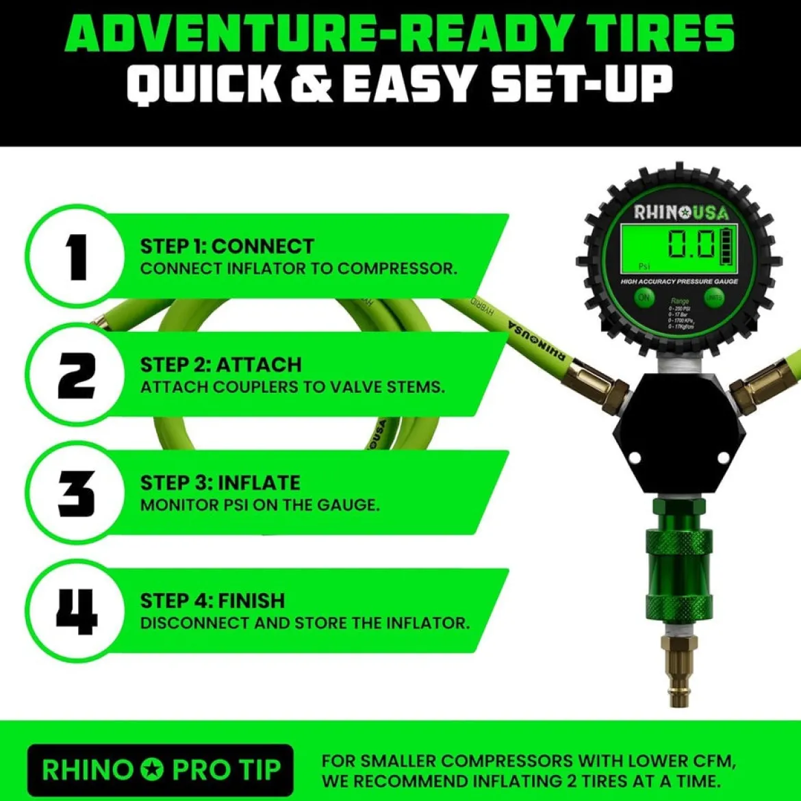 RHINO USA MULTI-TIRE INFLATION KIT - 4 WHEEL (AC-TI4W-GRN)