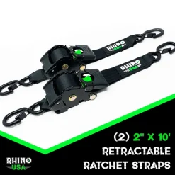 Rhino USA Retractable Ratchet Straps (2pk 2inx10ft) (Black) (RETRACTABLE-2X10-2PK)