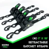 Rhino USA Retractable Ratchet Straps (4pk 1inx10ft) (Black) (RETRACTABLE-1X10-4PK)