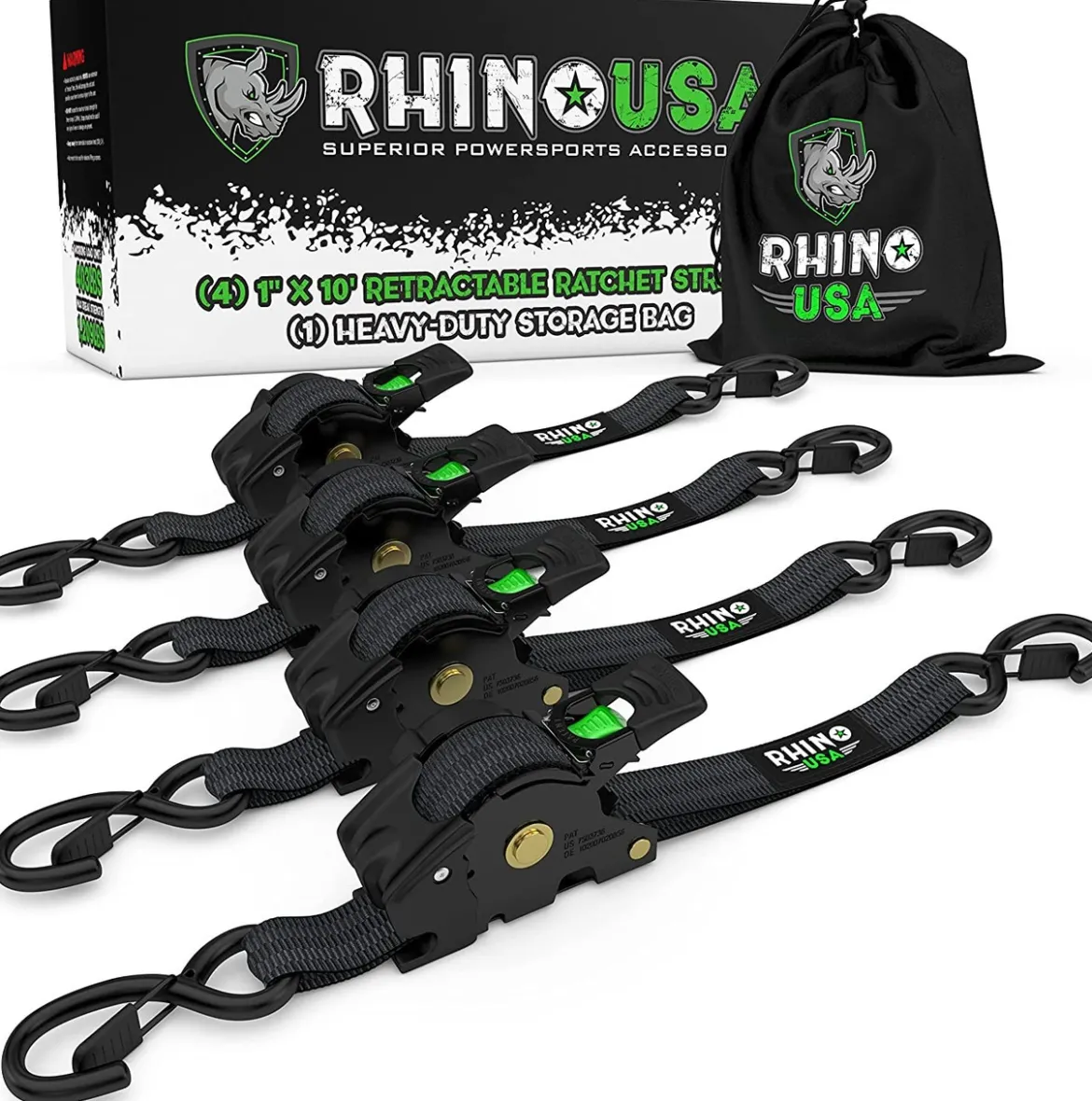 Rhino USA Retractable Ratchet Straps (4pk 1inx10ft) (Black) (RETRACTABLE-1X10-4PK)