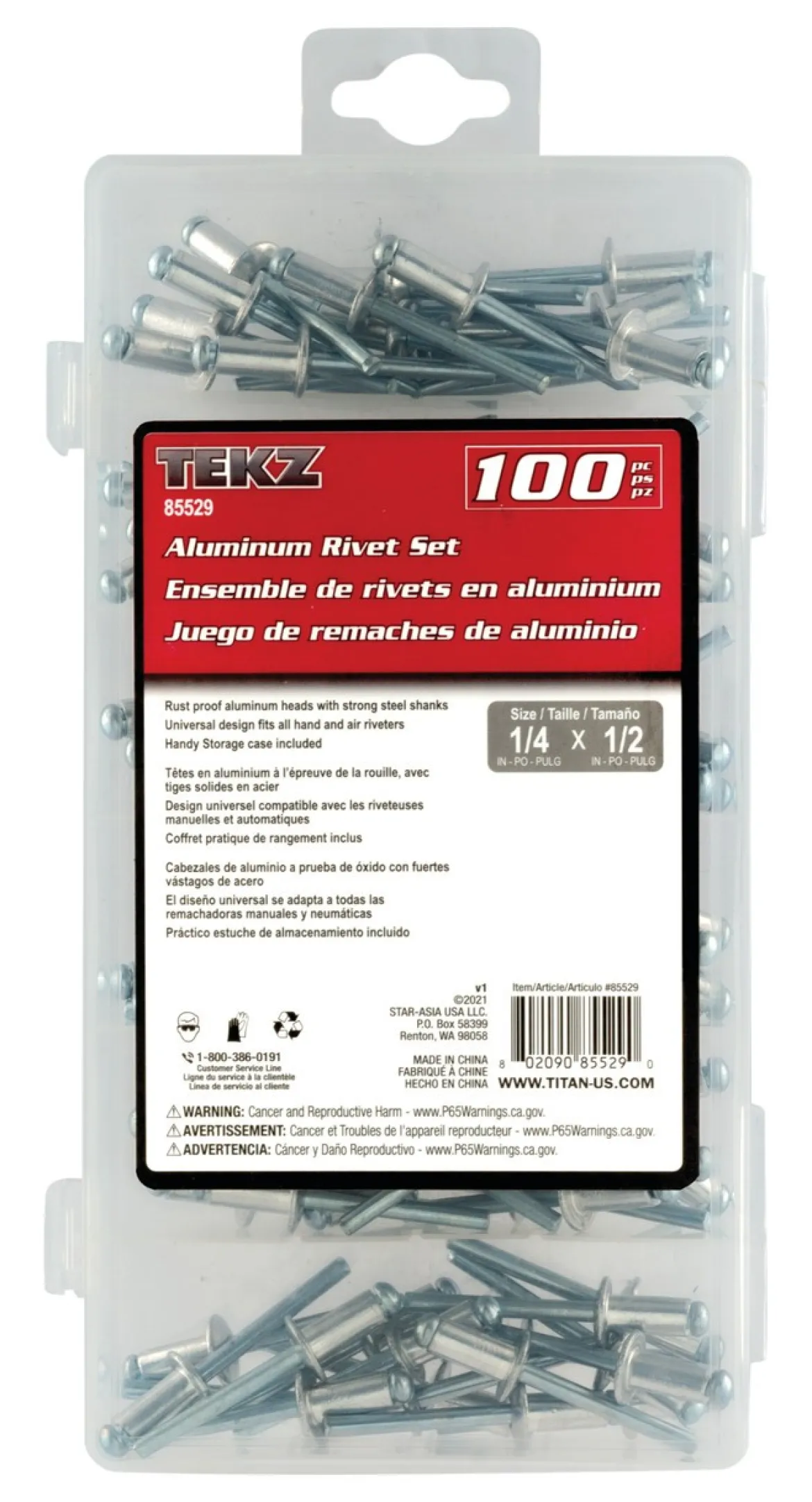 Titan Tools Aluminum/Steel Rivet Set 1/4" x 1/2" 100-Piece (85529)