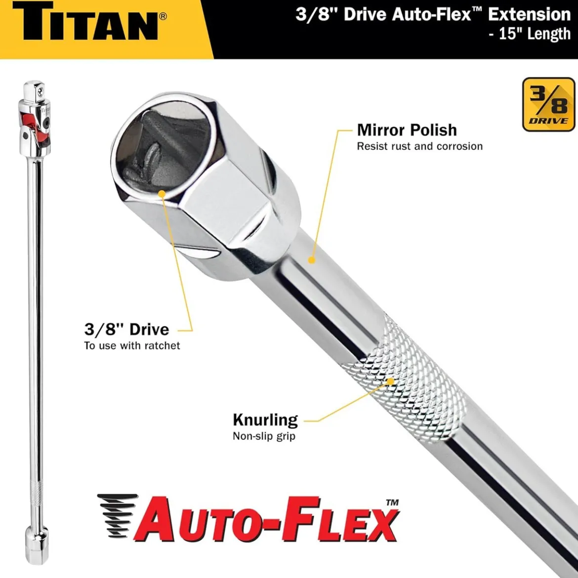 Titan Tools Auto Flex Universal Joint Extension Adapter - 3/8" X 15" (68125)