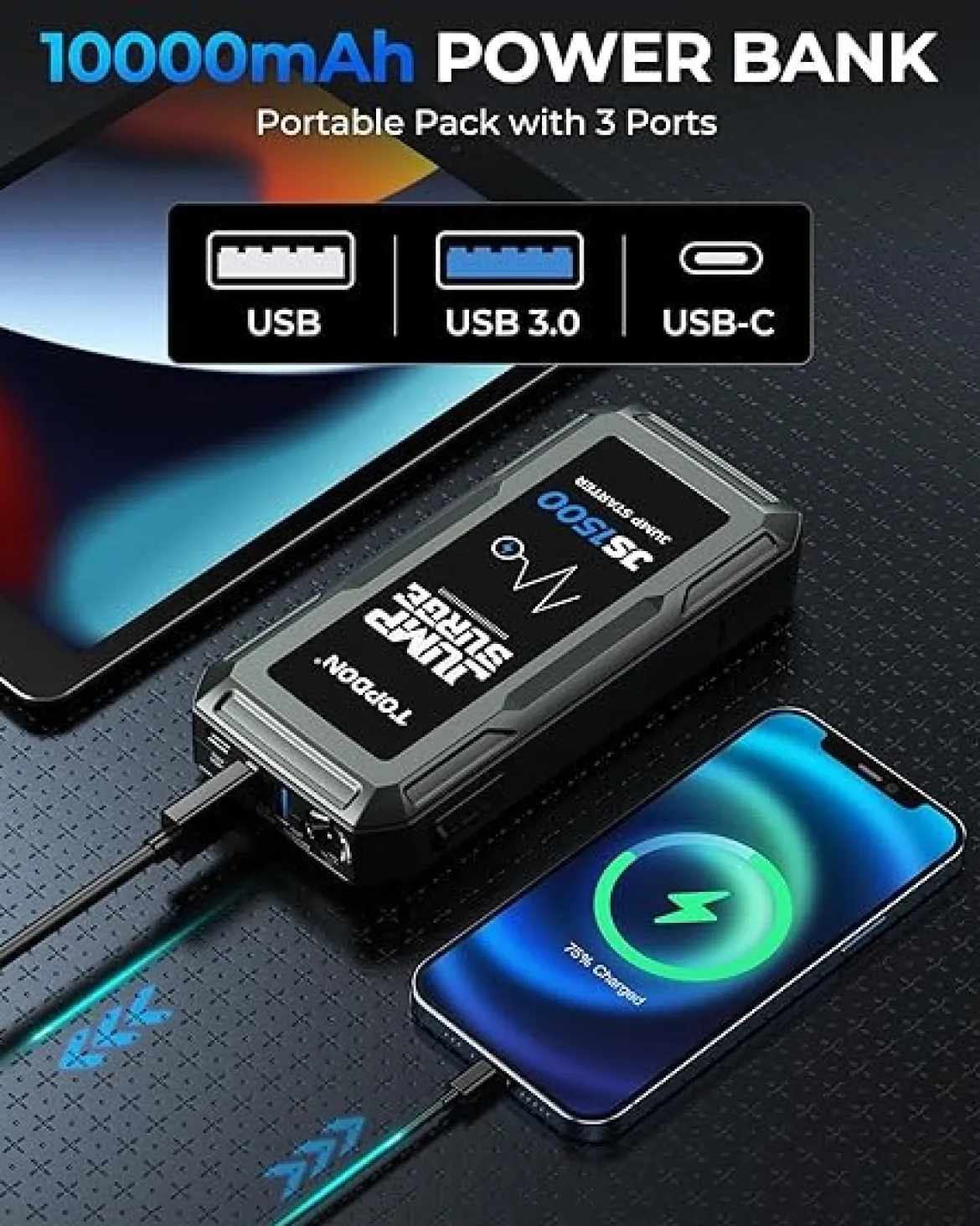 TOPDON 1500A Portable Car Battery Jump Starter for Gas & Diesel Engines (JS1500)