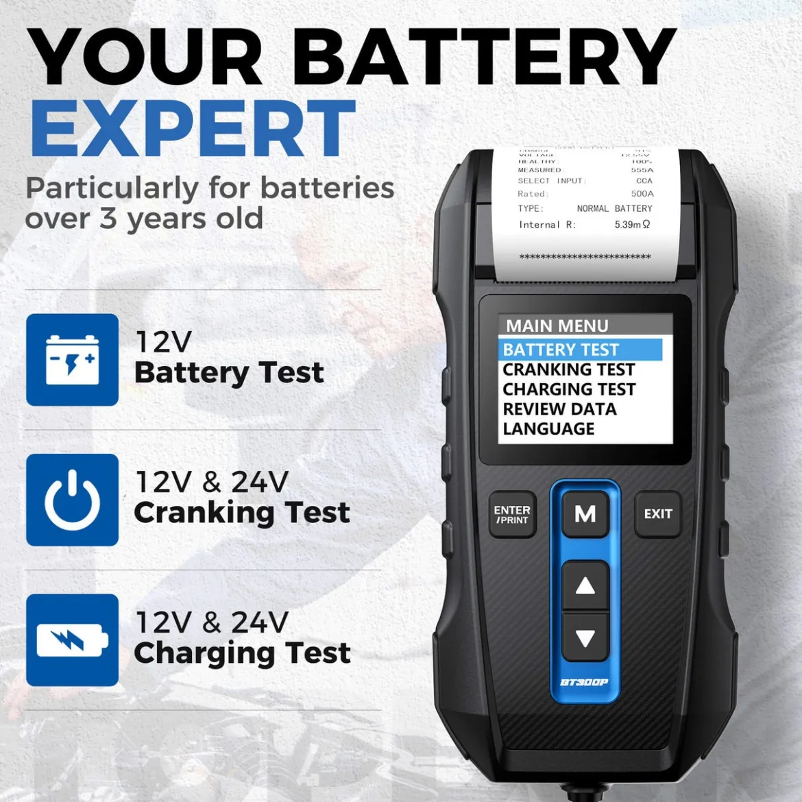 TopDon Bt300P Battery, Charging & Cranking System Tester w/Printer (TD52110048)