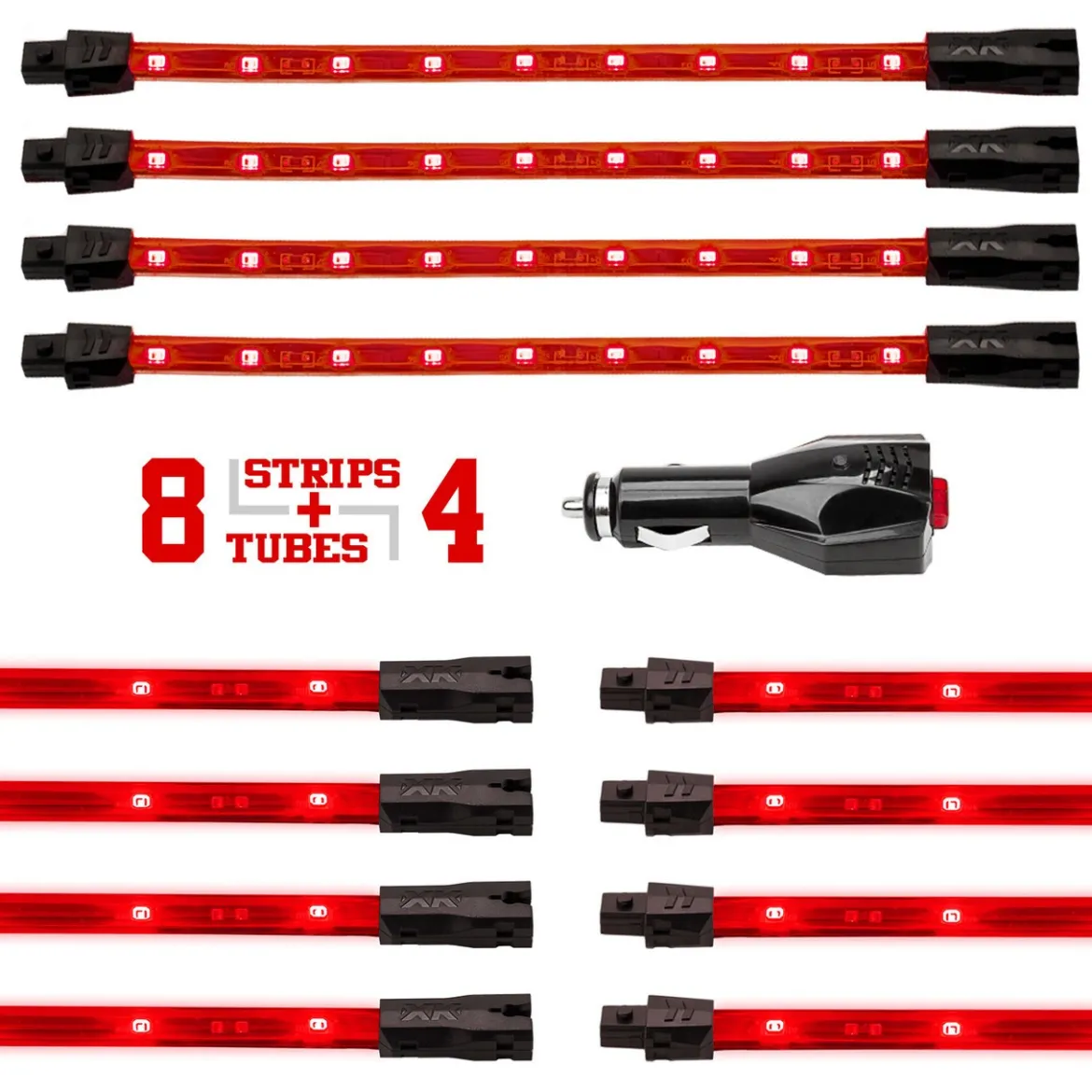 XKGLOW Interior and Underglow LED Accent Light Kit - 8pc 24" Tube + 4pc 8" Strip Single Color