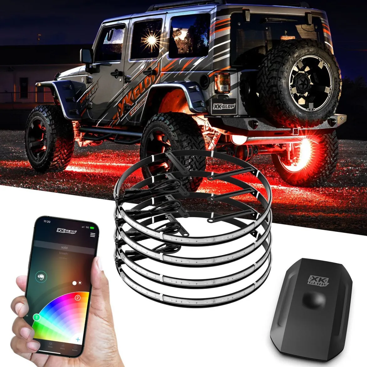 XKGLOW Wheel Ring Light Kit XKchrome App Controlled w/ Turn Signal Function - 4pc (XK-WHEEL-KIT, XK-WHEEL-KIT-AD)