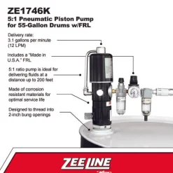 Zeeline 5:1 Pneumatic Piston Pump For 55-Gallon Drums W/Frl (ZE1746K)
